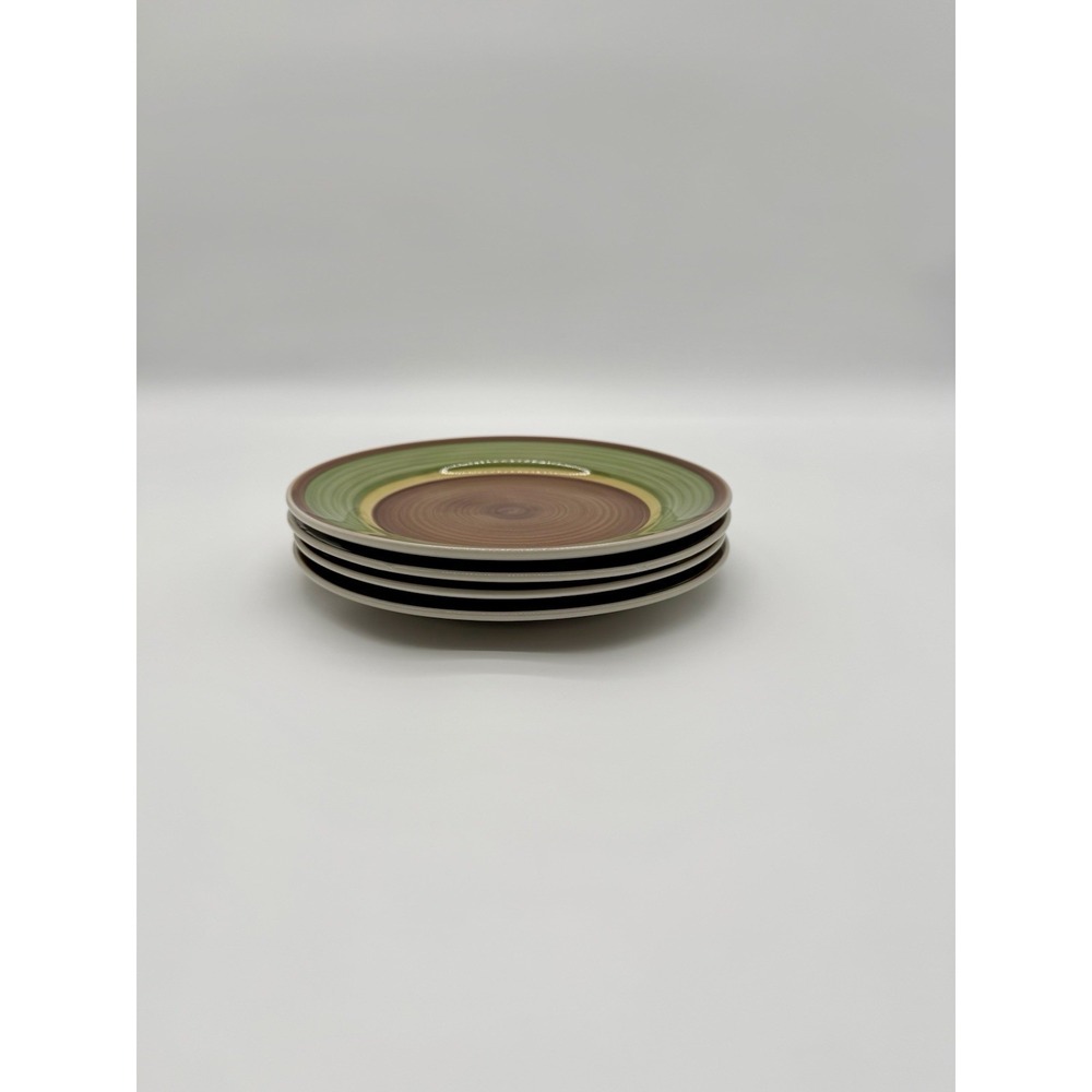 Thompson Pottery Earth Tone Green Brown Rings 8" Salad Plates Set 4 Replacement‎